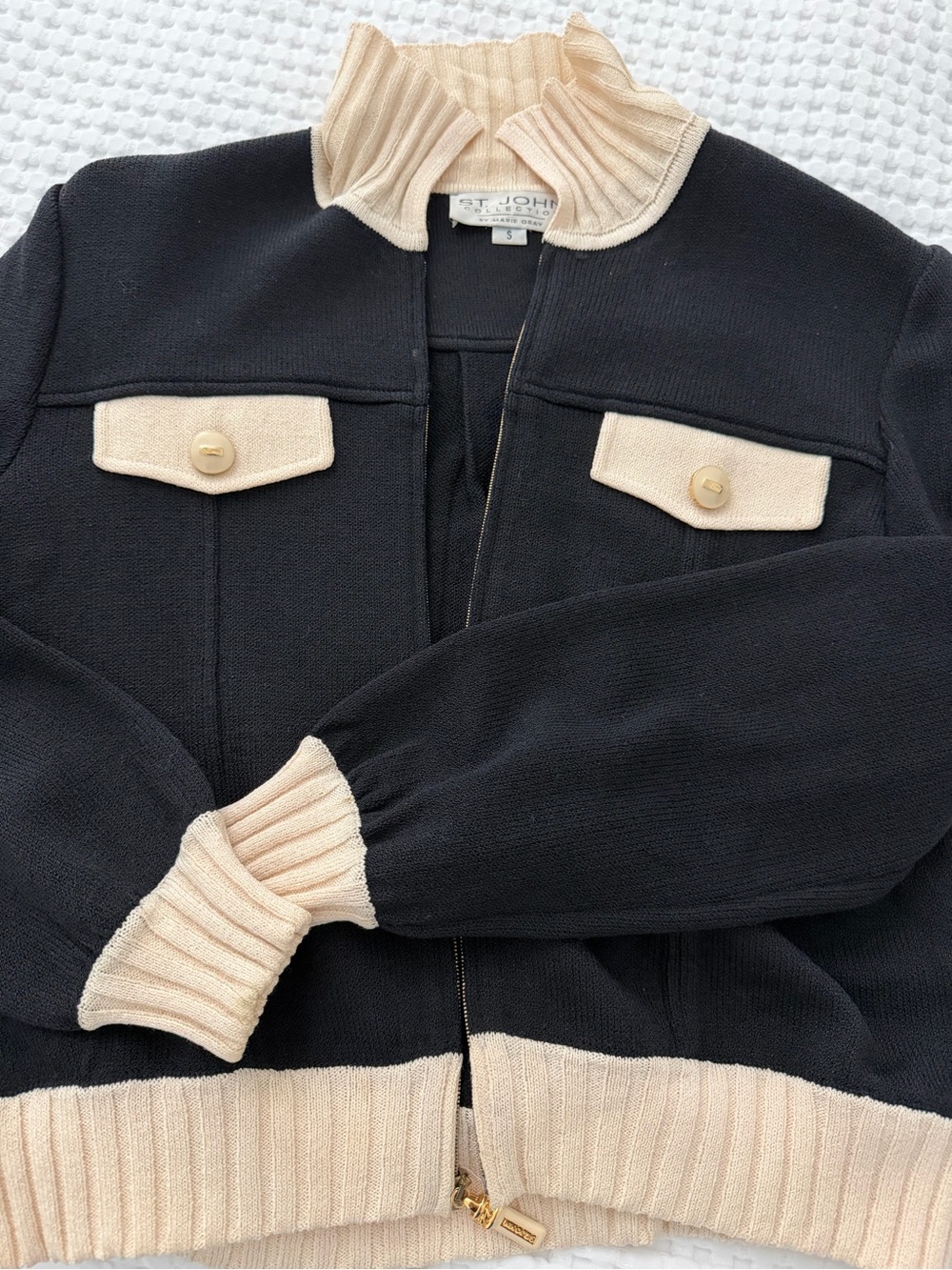 St. John Black and Cream Knit Bomber Jacket